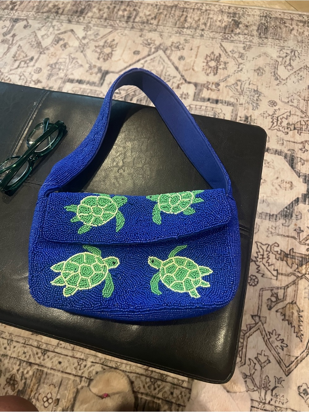 NWT Beaded Blue Turtle Shoulder Bag - Green Turtle Motif
